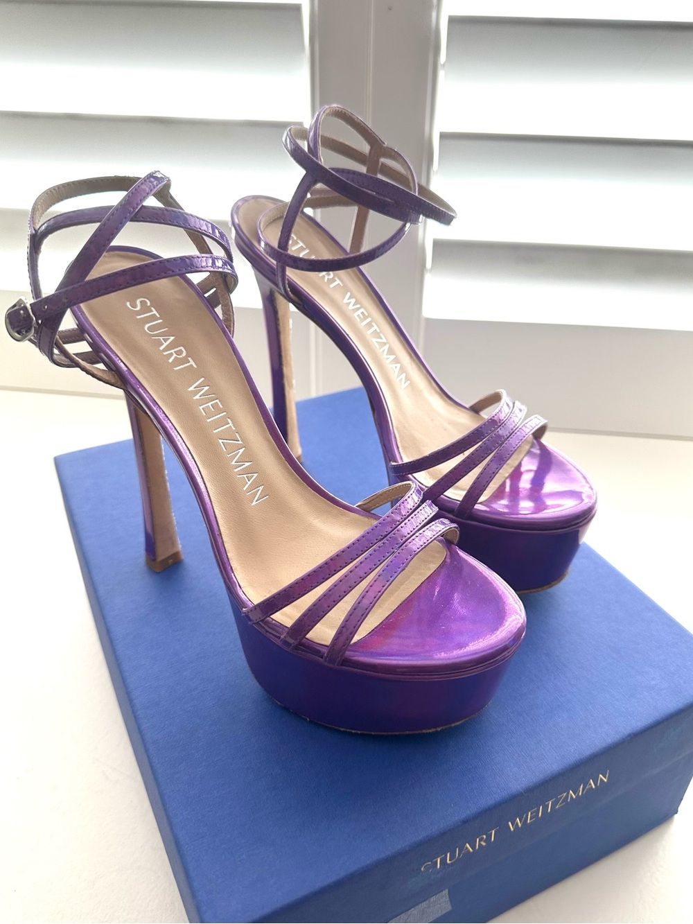 Stuart Weitzman Soiree 145 Iridescent Purple Strappy Platform Heel
